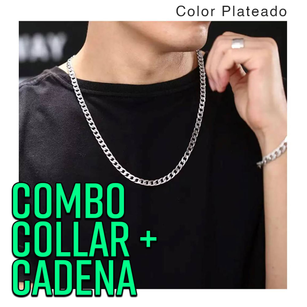 Collar y Pulsera para Hombre Combo Cadena Acero Inoxidable Plateado