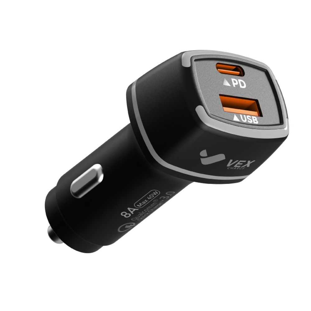 Cargador de Auto VEX 8A con 1 Puerto USB y 1 Puerto PD Cable entrada Tipo C Negro
