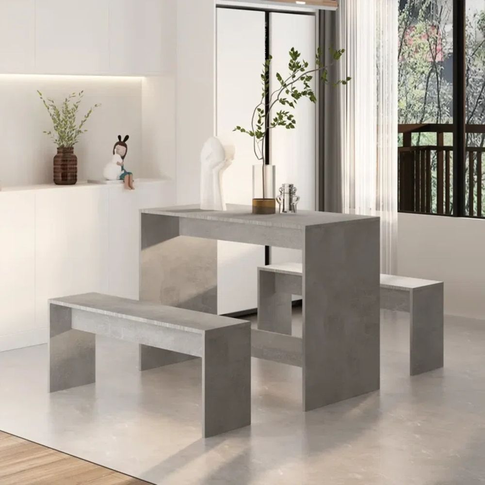 Juego de Comedor con 2 Bancos Moderno Tati Gris Ce