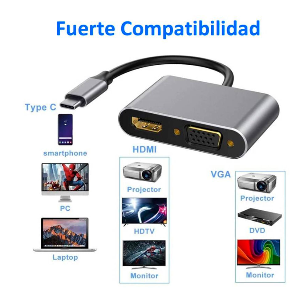 Adaptador 2 en 1 Tipo C a VGA y HDMI - Aluminio Smart TV Pc Switch