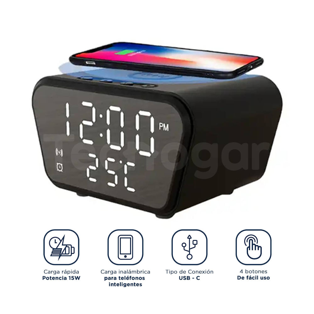 Despertador Cargador Inalámbrica Alarma con Temperatura 3 en 1