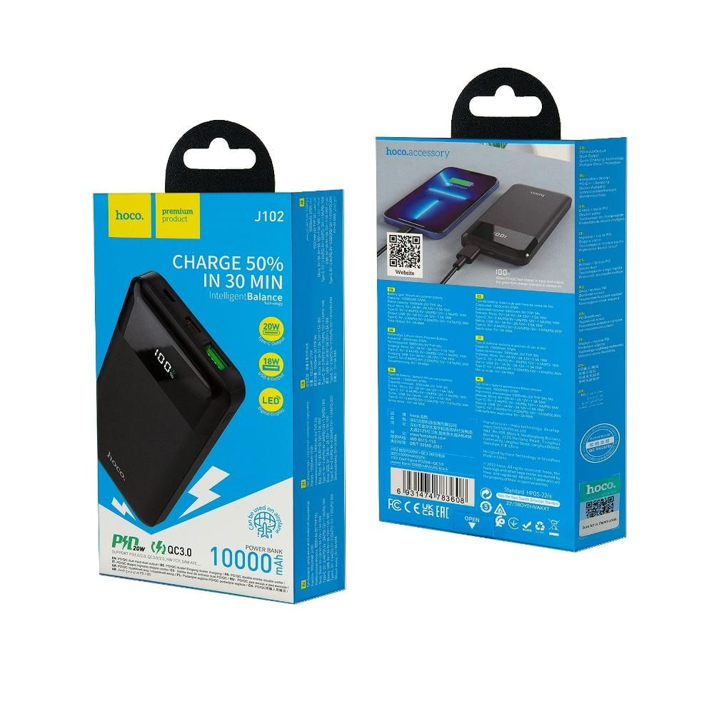 Power Bank 10000mAh Hoco J102 con Indicador LED Negro De Alta Calidad y Durabilidad