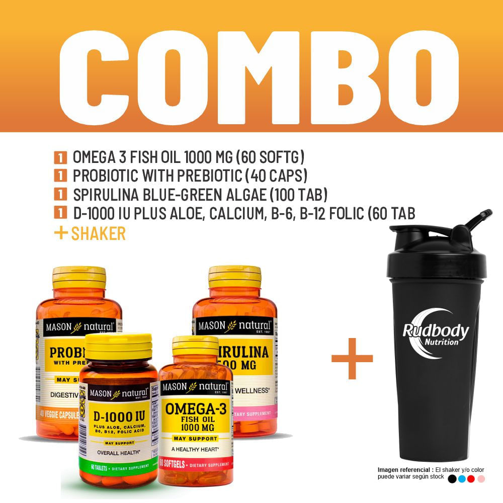Combo Vitaminas Mason - Omega3 Fish Oil +Probio Prebio +Spirulina +D-1000 Iu,Calcio,B-6,B-12 +Shaker