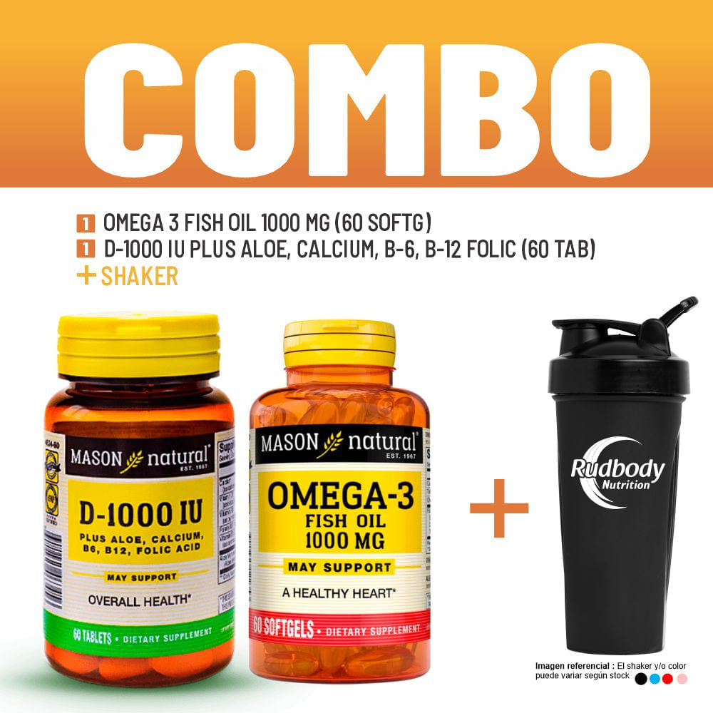 Combo Vitaminas Mason Natural- Omega 3 Fish Oil 1000Mg+ D-1000 Iu Plus Aloe,Calcium,B-6,B-12 +Shaker