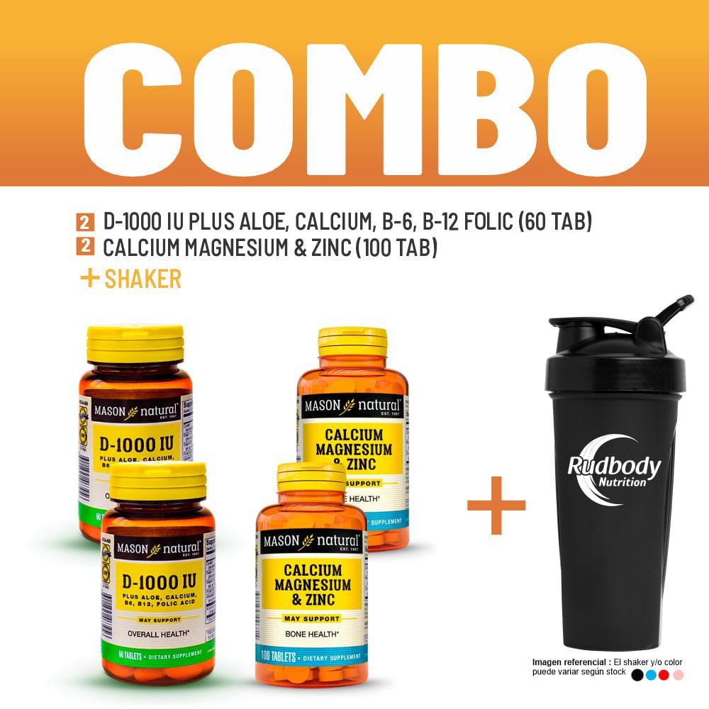 Combo Vitaminas Mason Natural - 2 D-1000 Iu Plus Aloe, Calcium + 2 Calcium Magnesium & Zinc + Shaker