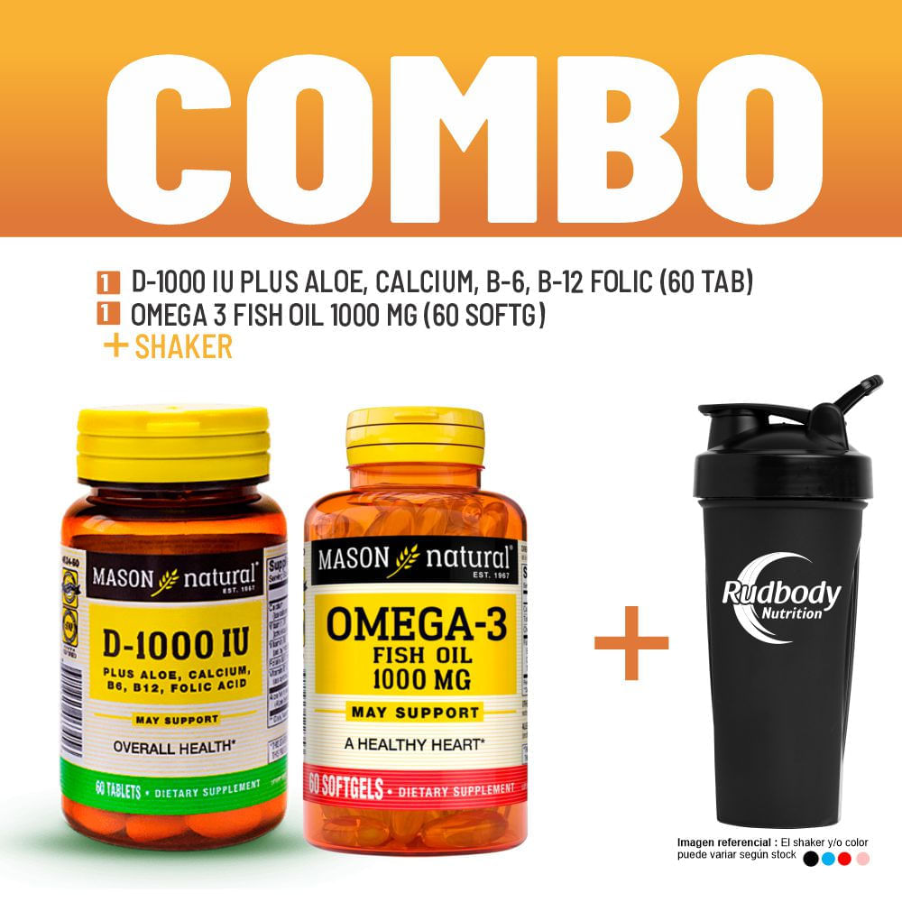 Combo Vitaminas Mason Natural - D-1000 Iu Plus Aloe,Calcium,B-6 + Omega 3 Fish Oil 1000 Mg + Shaker