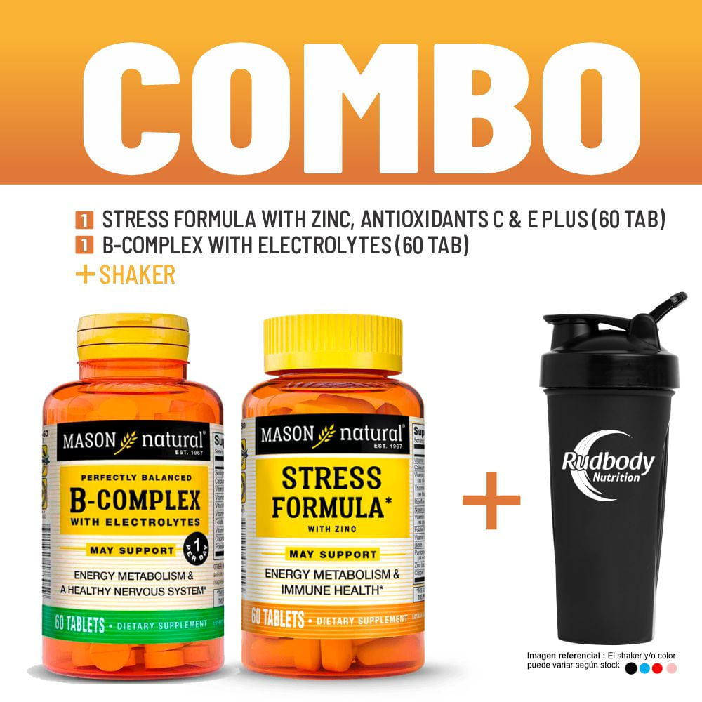 Combo Vitaminas Mason - Stress Formula With Zinc,Antioxidants + B-Complex With Electrolytes + Shaker