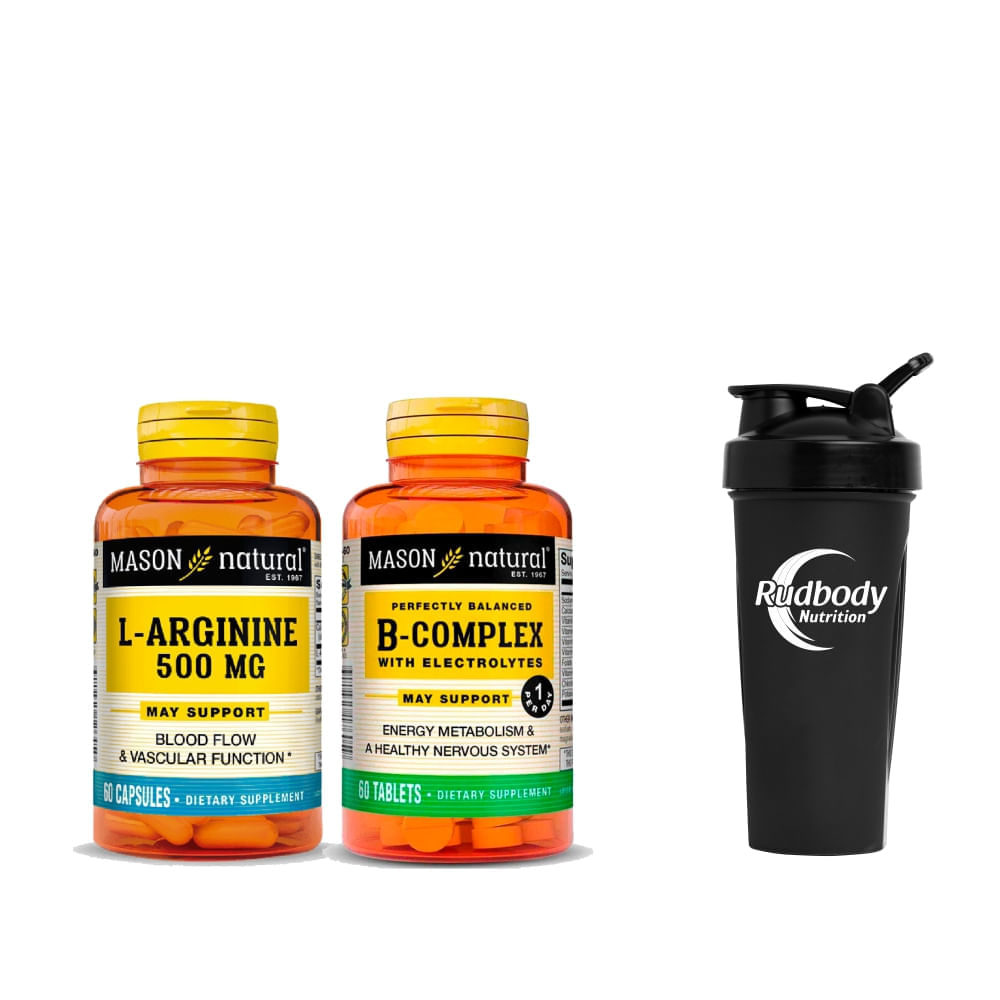 Combo Vitaminas Mason Natural - Arginine 500 Mg (60 Cap) + B-Complex With Electrolytes + Shaker