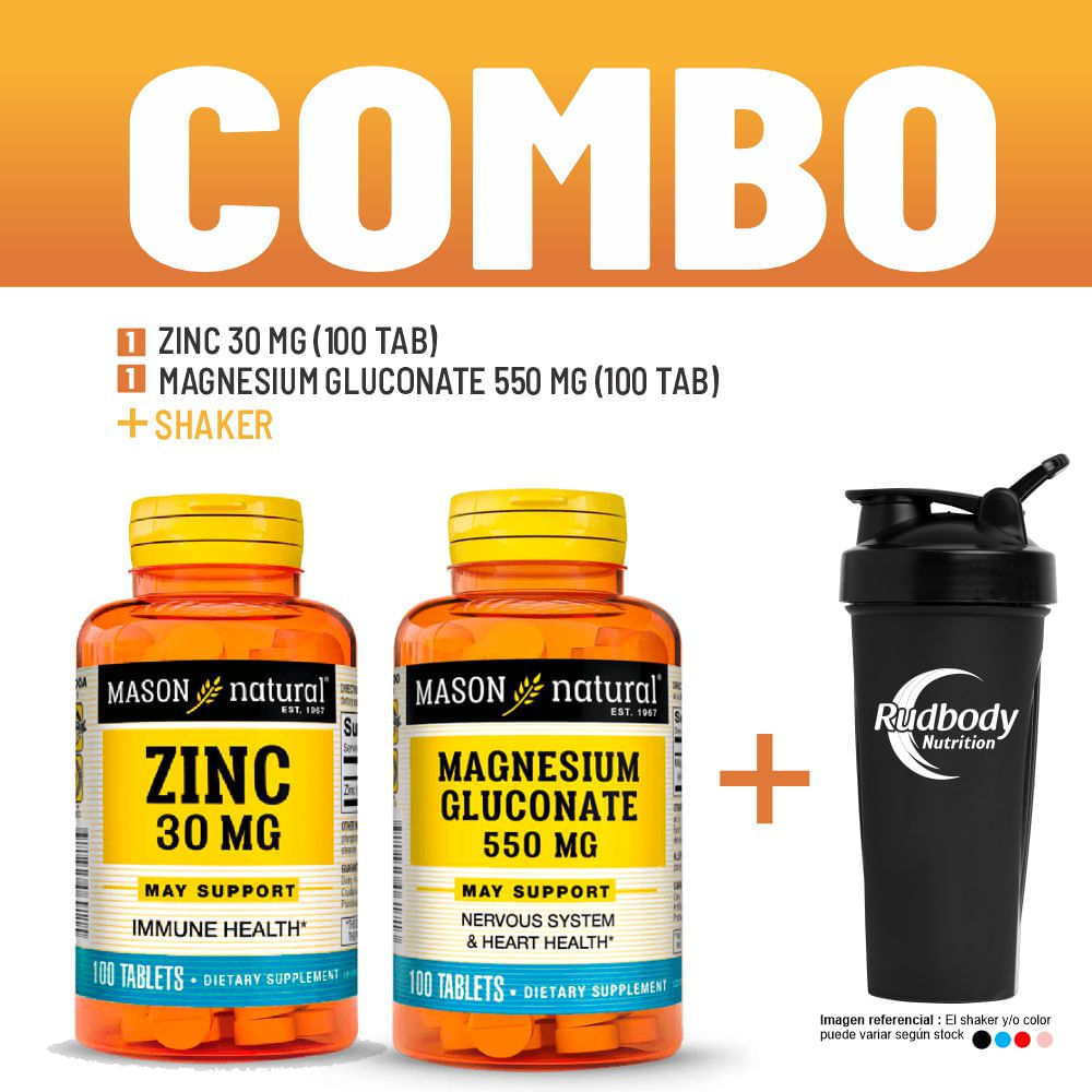 Combo Vitaminas Mason Natural - Zinc 30 Mg (100 Tab) + Magnesium Gluconate 550 Mg (100 Tab) + Shaker