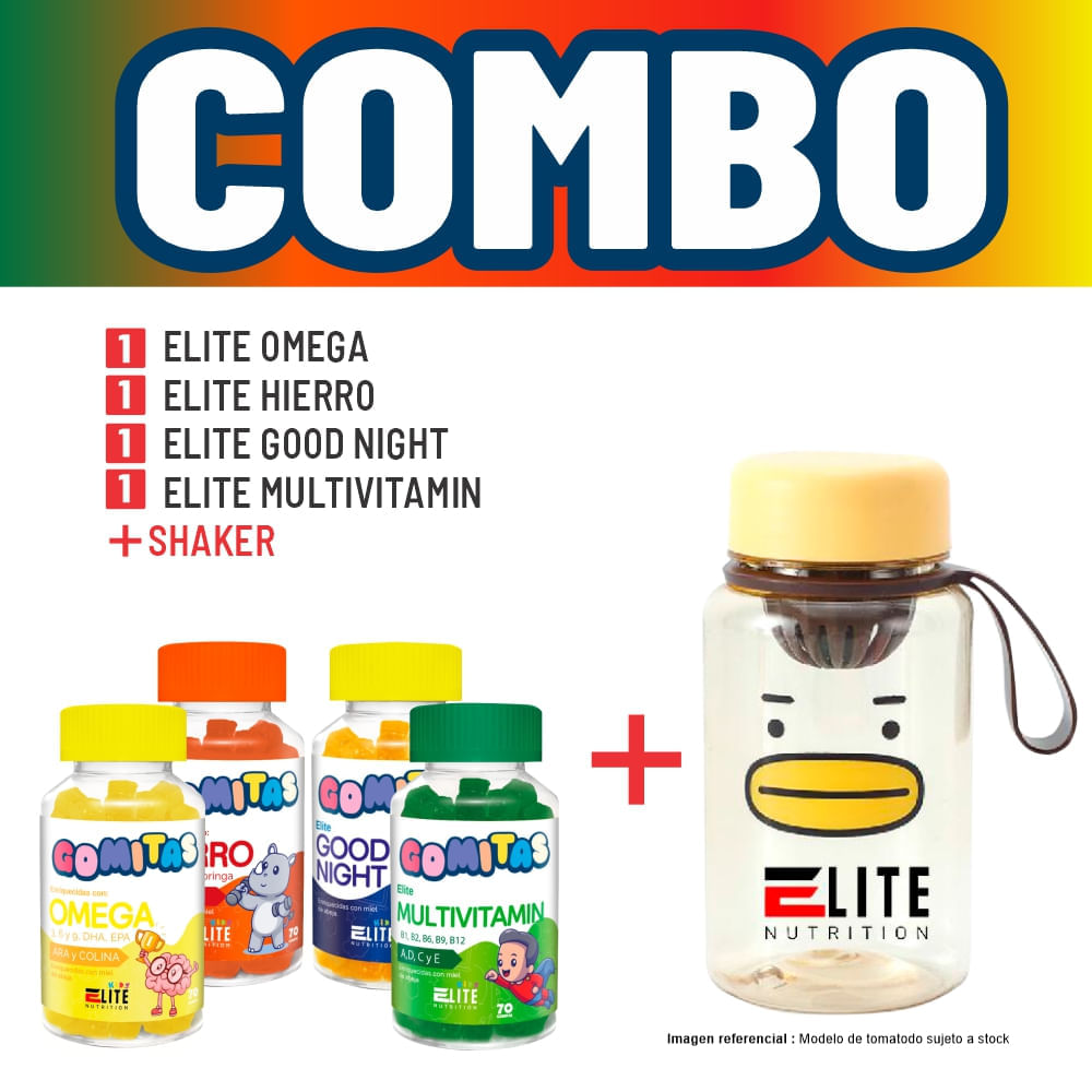 Combo Gomitas Para Niños Elite - Elite Omega+Elite Hierro+Elite Good Night+Elite Multivitamin+Shaker