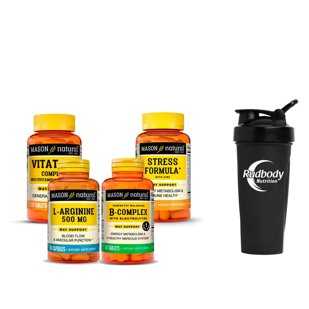 Combo Vitaminas Mason- Arginine+ B-Complex With Electrolytes+Vitatrum Complete+Stress Formula+Shaker