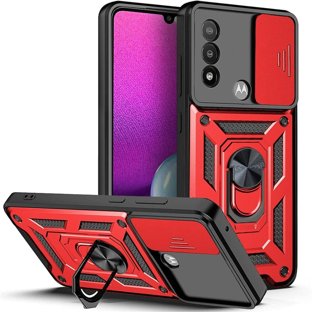 Funda para Motorola E7 Power con protector de camara Rojo Resistente ante Caídas y Golpes