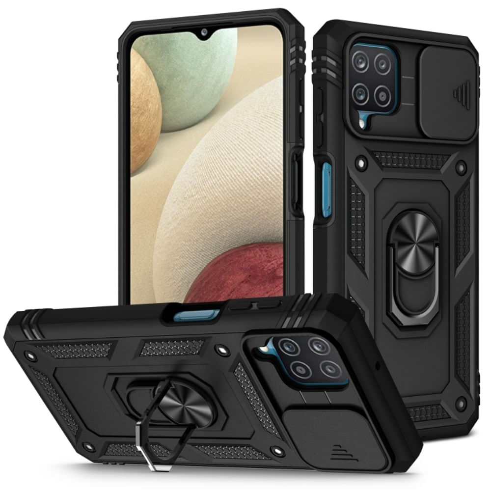 Funda Case para Samsung A12 con protector de camara Negro Resistente ante Caídas y Golpes