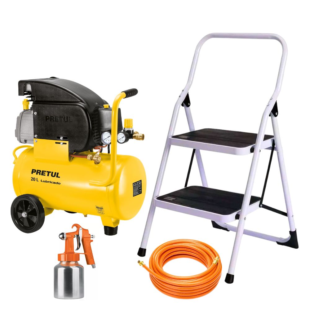 kit compresora de Aire 20Lt, escalera 2 peldaños, manguera,1pstola