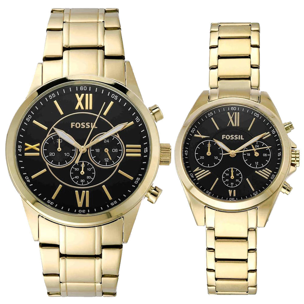 Reloj Fossil Flynn BQ2400SET Hombre y Mujer Set 2 Relojes Cronómetro Acero Inoxidable Dorado