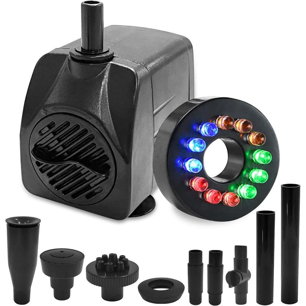 Bomba de fuente (15 W, 260 GPH) de agua sumergible ultra silenciosa con 12 luces LED