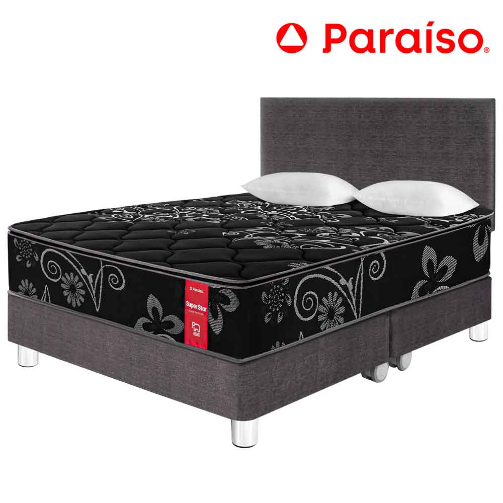 Dormitorio PARAISO Super Star Negro Queen Acero + 2 Almohadas + 1 Protector