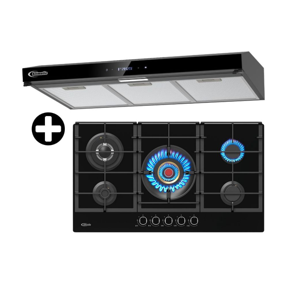 COMBO Klimatic: Cocina empotrable Vulcano 5 hornillas + Campana extractora decorativa Volendam 90cm