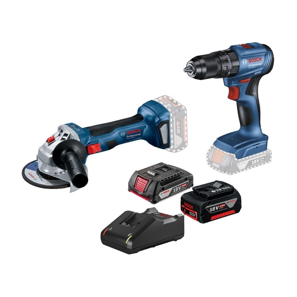Taladro percutor inalámbrico 1/2" 18V Bosch GSB185-LI + Amoladora GWS180-LI 18V