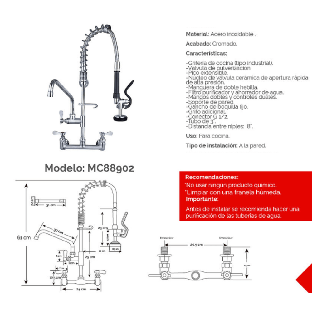 Mezcladora Industrial a la Pared MC88902 de Acero Inoxidable 304