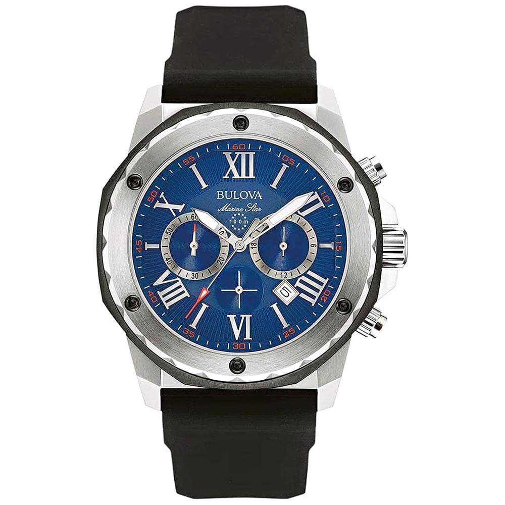 Reloj Bulova Marine Star 98B258 Fecha Cronometro Correa de Silicona Dial Azul