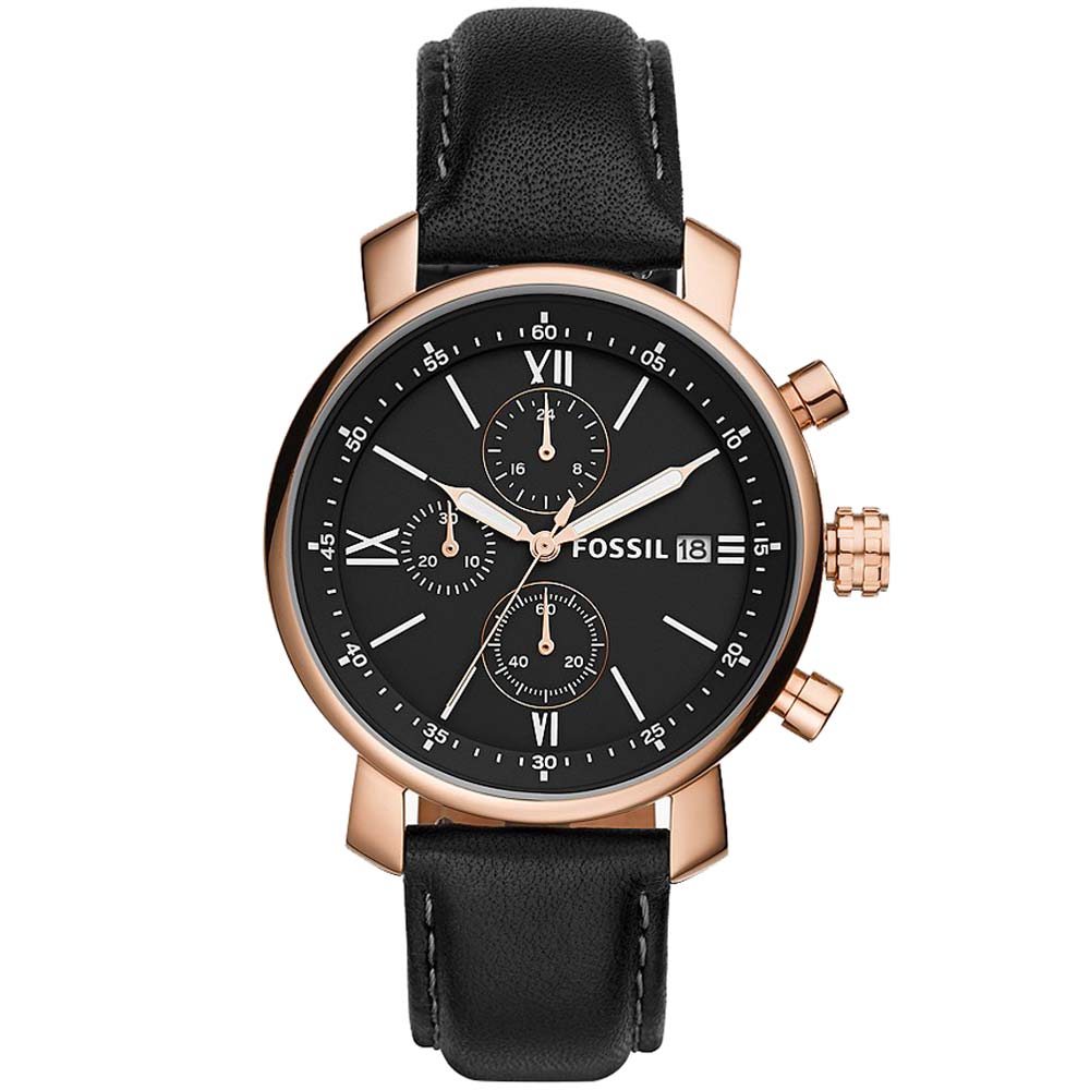 Reloj Fossil Rhett BQ1008 Fecha Cronometro Acero Inoxidable Oro Rosado Cuero Negro