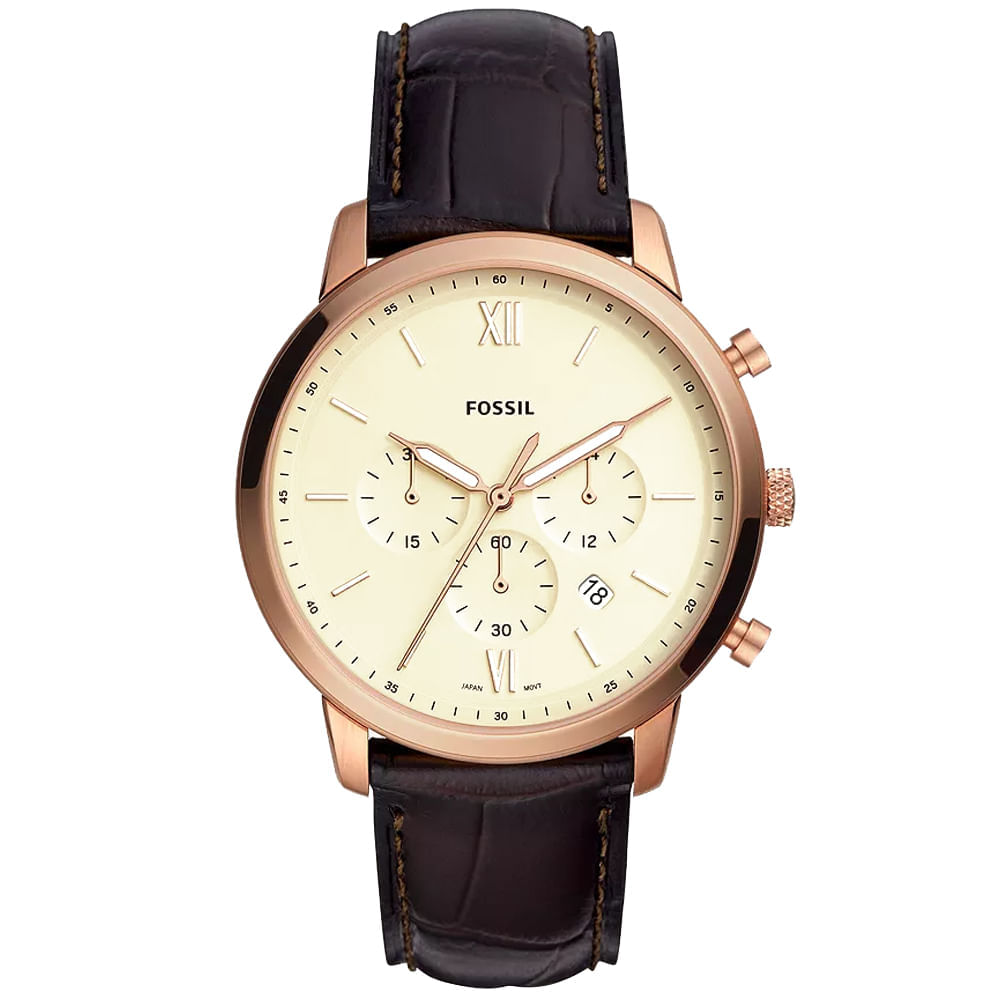 Reloj Fossil Neutra FS5558 Para Hombre Fecha Cronómetro Acero Oro Rosado Dial Crema