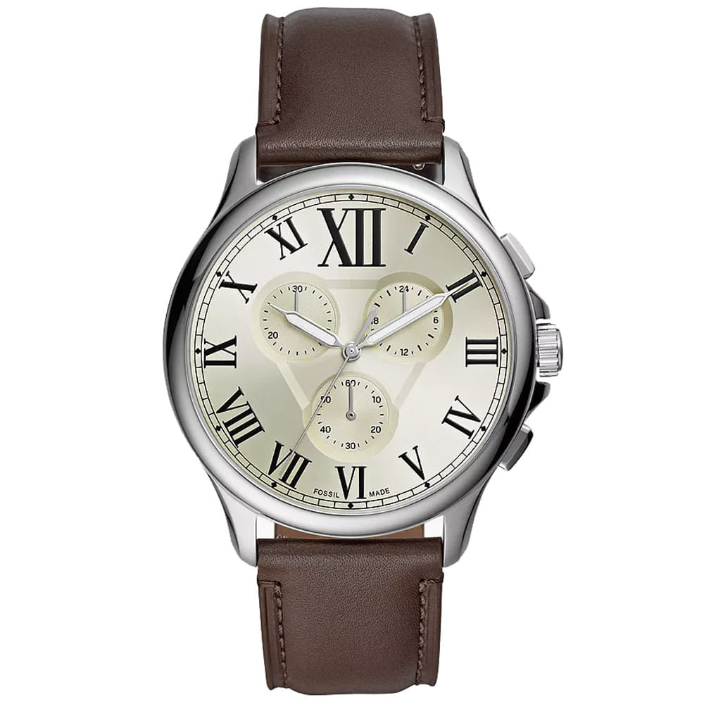Reloj Fossil Monty FS5638 Para Hombre Cronómetro Correa de Cuero Marrón Dial Marfil