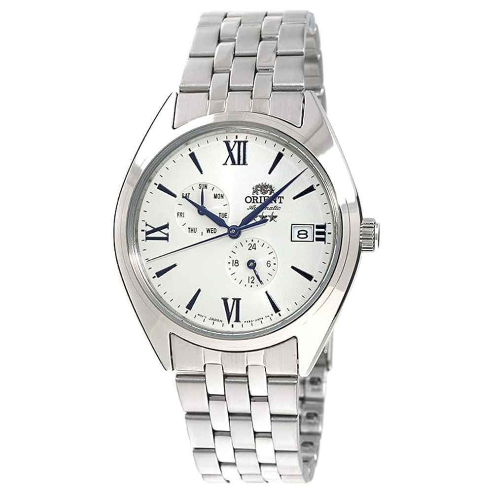 Reloj Orient Tristar Altair AK0506S10B Automático Multifuncional Fecha Acero Inoxidable Dial Blanco