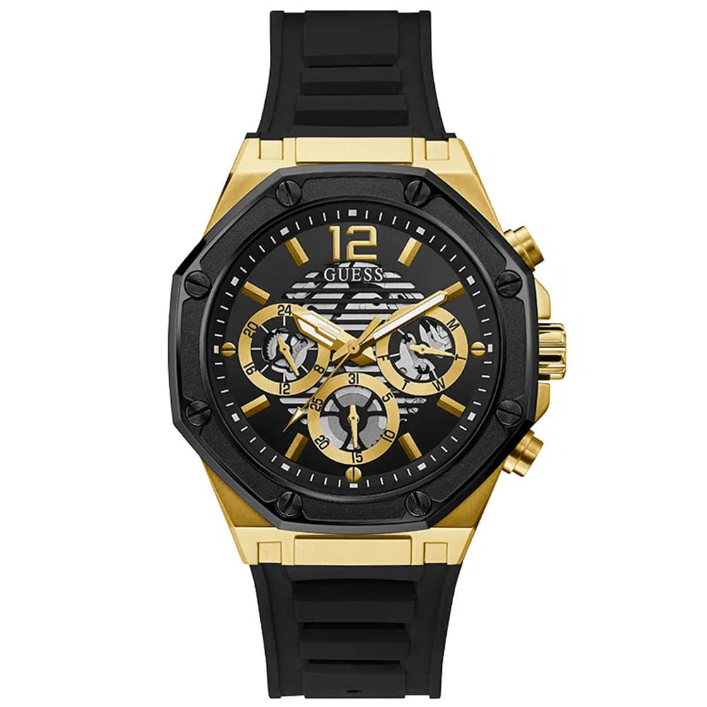 Reloj Guess Momentum GW0263G1 Multifuncional Acero Inoxidable Dorado Correa de Silicona Negro