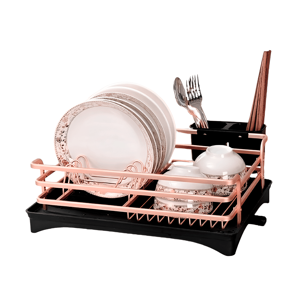 Escurridor de Platos de Aluminio Oro Rosa con Bandeja Extraible