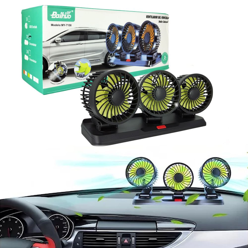 Ventilador para Vehiculo 3 Cabezas 12V 12W Graduable Giratorio 360
