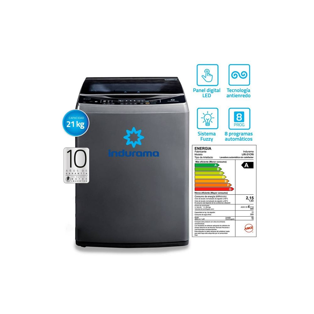 Lavadora Digital de Carga Superior 21 Kg Indurama LRI-21CRI Croma