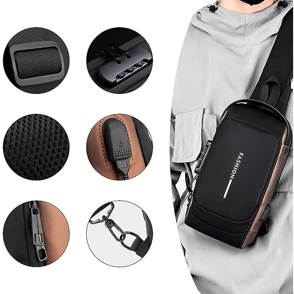 Morral Antirrobo con Clave Bolso de Hombro Multi Bolsillo Negro con Marrón  | Oechsle - Oechsle