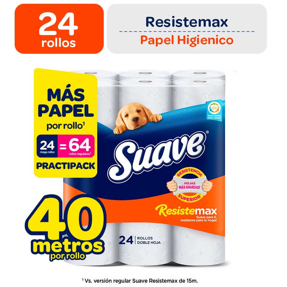 Papel Higiénico SUAVE Resistemax Doble Hoja 40 metros Paquete 24un