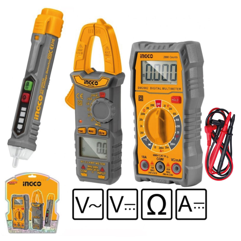 Kit 3 Herramientas Prueba Eléctrica Ingco Amperímetro + Multimetro Digital + Detector Voltaje DM3028