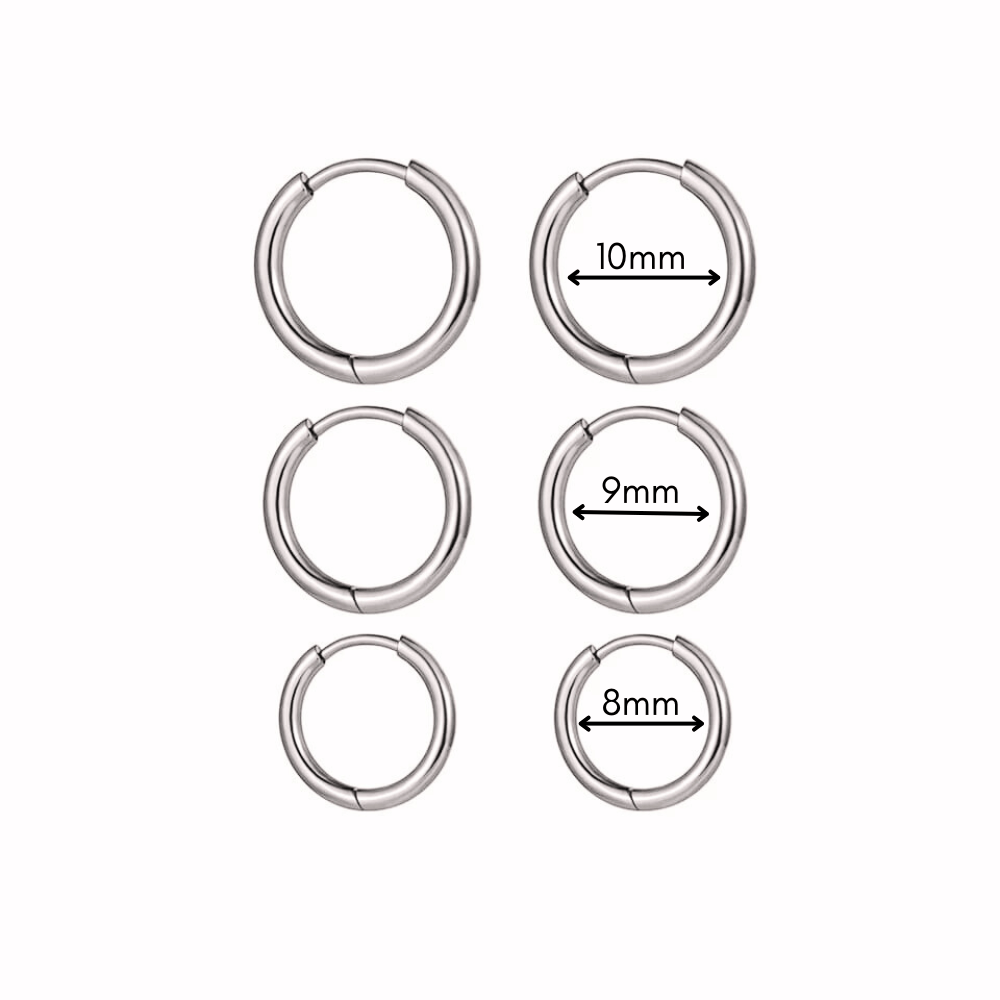 Set x 3 Pares de Aretes Unisex de Plata 925 Modelo Huggies Color Plata 8- 9 y 10mm