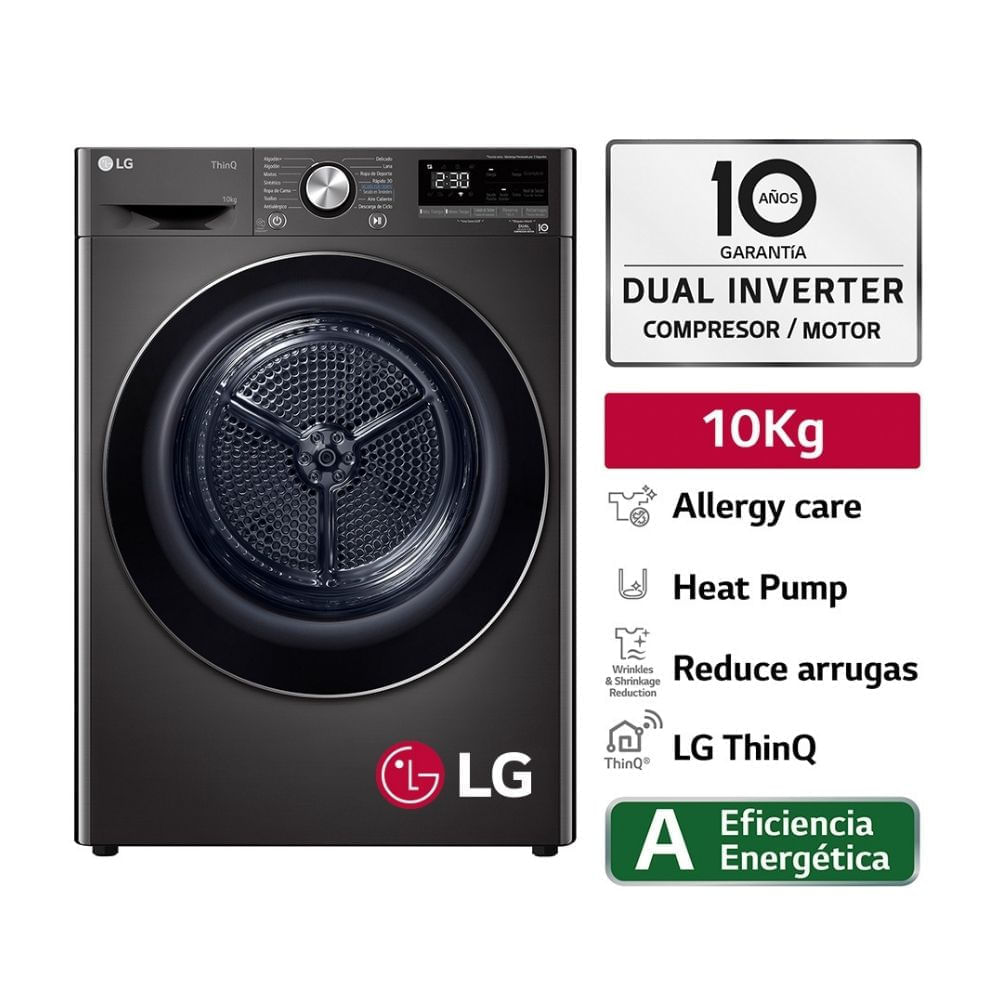 Secadora de Ropa LG Dual Inverter Heat Pump Carga Frontal 10kg Negro
