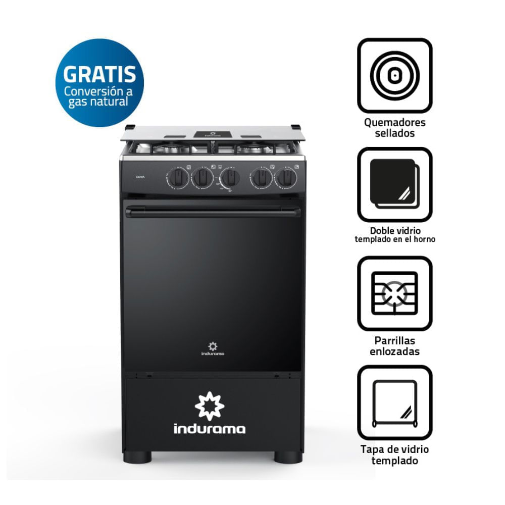 Cocina de Pie a Gas Indurama Goya 4 Hornillas Negro