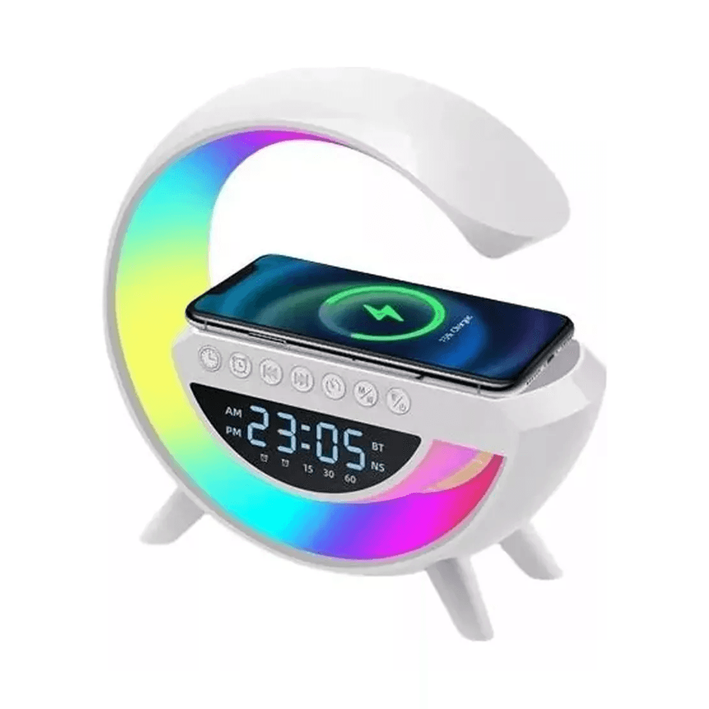 Lampara G Smart 6 en 1 Luz RGB Parlante Reloj Cargador Inalámbrico