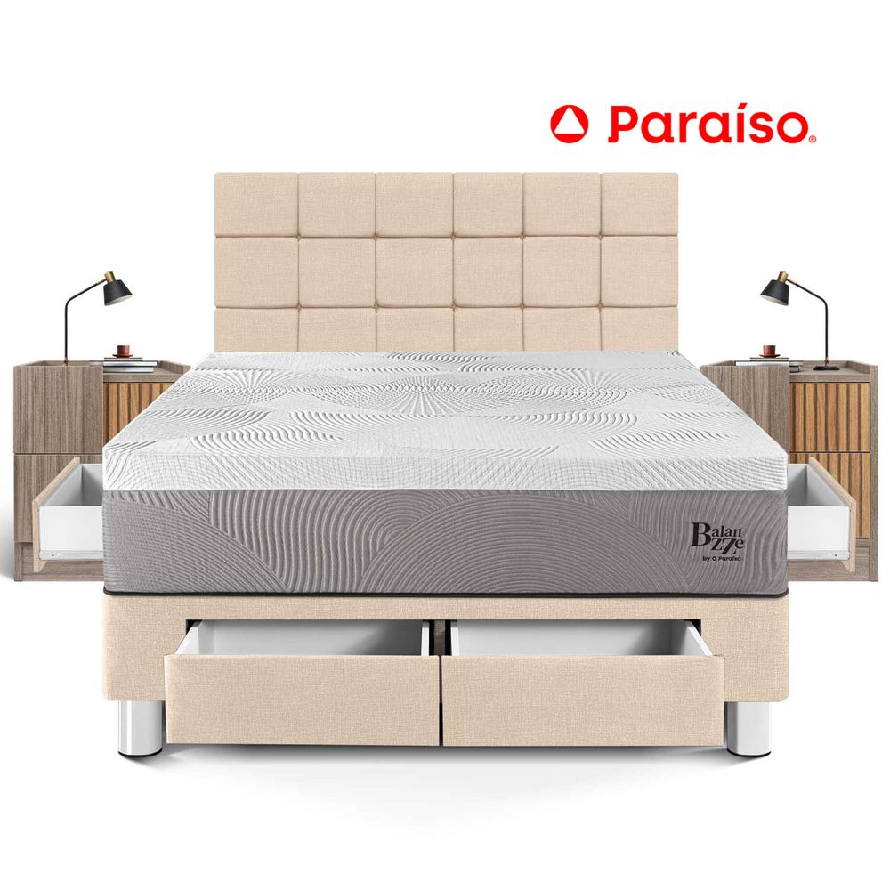 Dormitorio Balanzze Con Cajones King Cabecera Blocks + 2 Veladores Han - Champagne