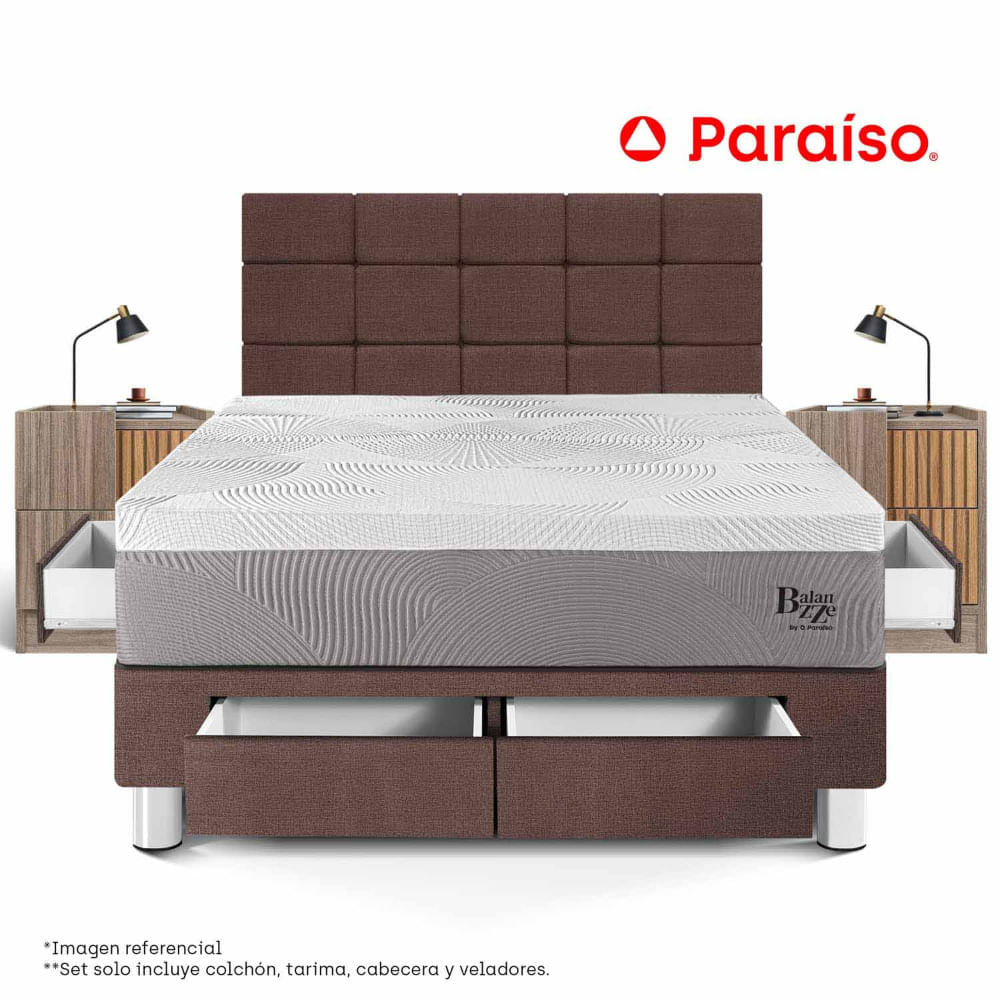 Dormitorio Balanzze con Cajones Queen Cabecera Block + 2 Veladores Han Chocolate