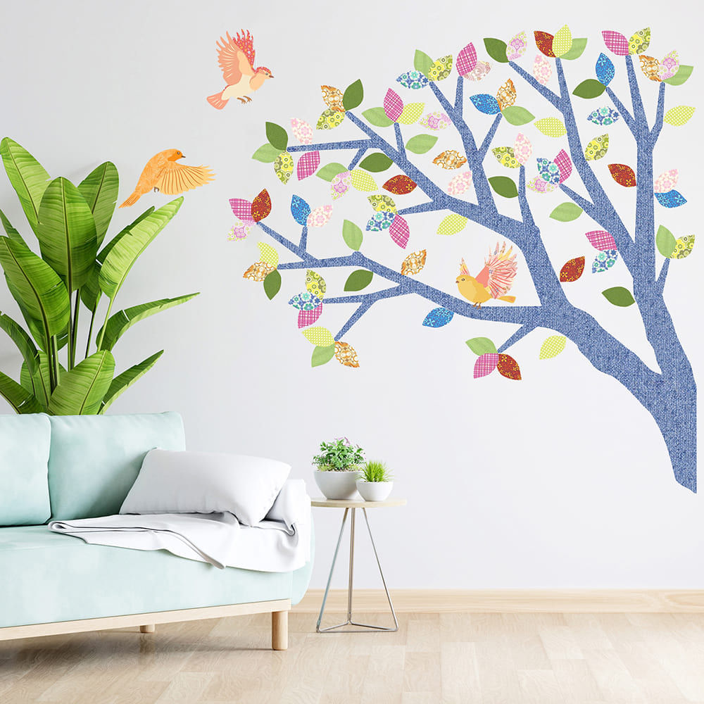 Vinilo Decorativo Stickart Árbol Roble Azul y Multicolor Mediano Sticker Pegatina