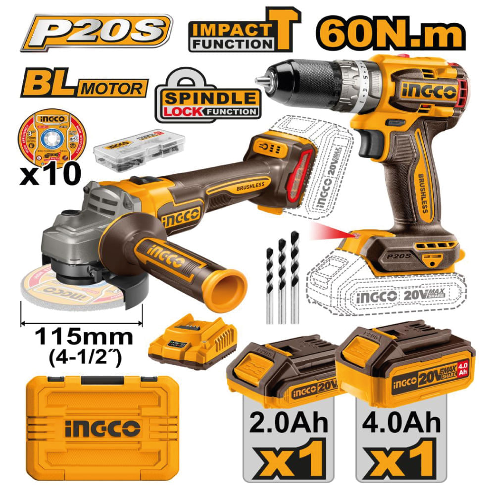 Kit Brushless Taladro Percutor 60NM + Amoladora + 10 Discos + 2 Baterías 4.0AH Y 2.0AH CKLI20273