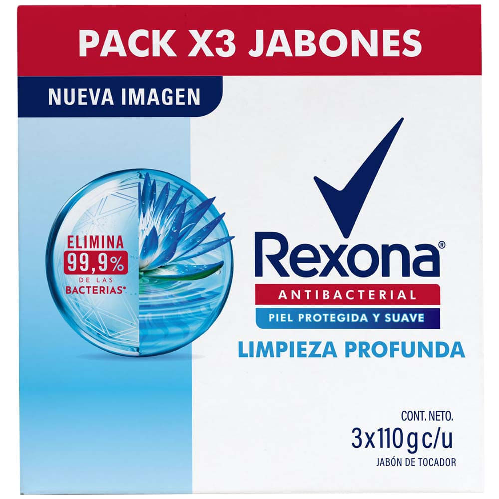 Jabón Tocador REXONA Antibacterial Limpieza Profunda 110g Paquete 3un