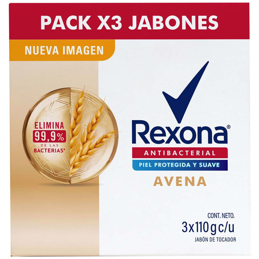 Jabón Tocador REXONA Antibacterial Avena 110g Paquete 3un
