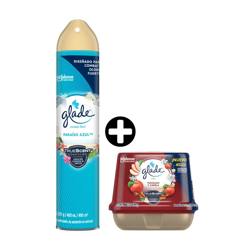 COMBO Limpieza Glade: Cubo Manzana Canela 180gr + Ambientador en Spray Paraíso Azul 400ml