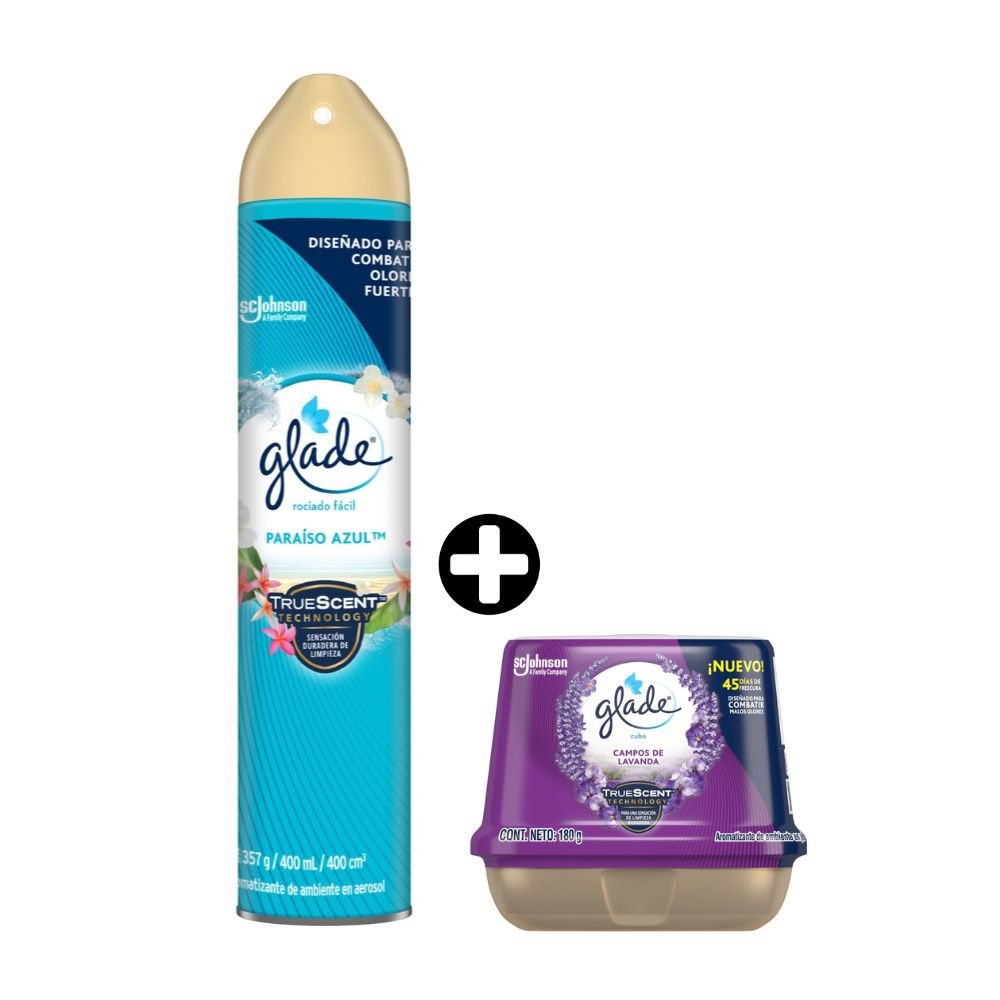 COMBO Glade: Ambientador en spray Paraíso Azul 400ml + Cubo Lavanda 180gr