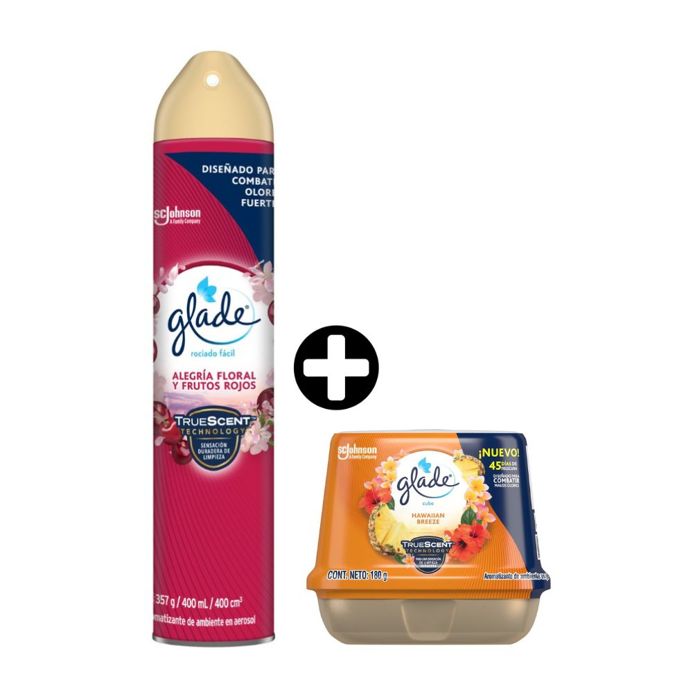 COMBO Limpieza Glade: Cubo Hawaiian Breeze 180gr + Ambientador Aerosol Alegria Floral 400ml