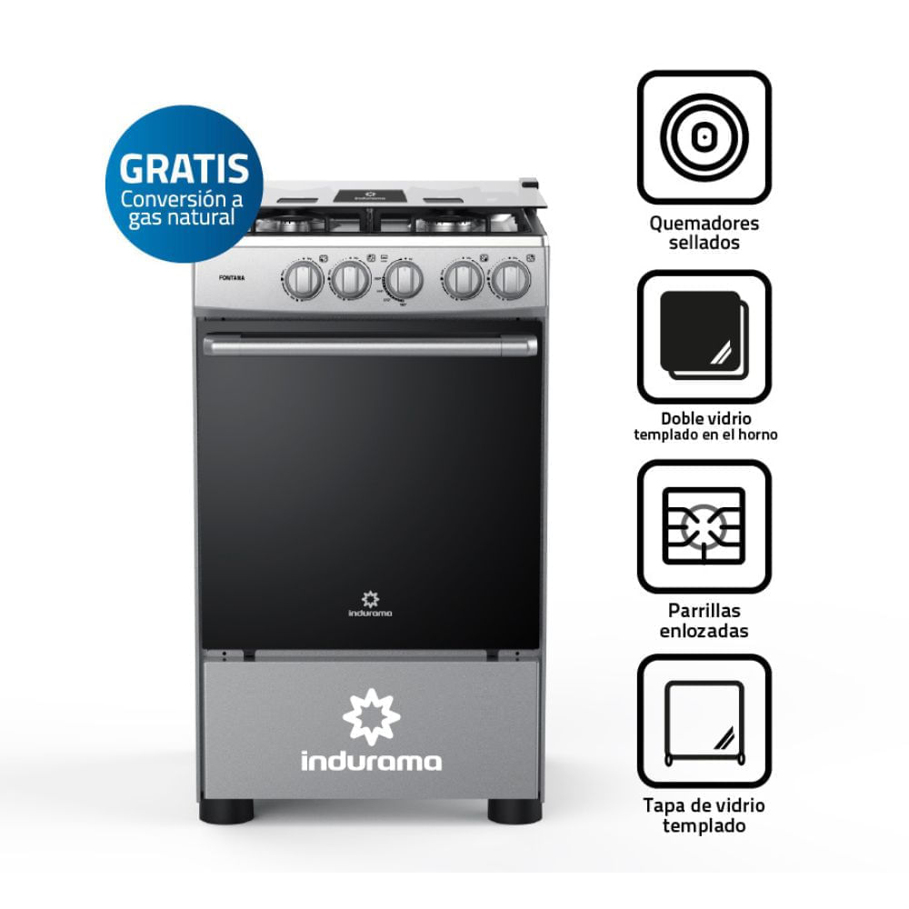 Cocina de Pie a Gas 20"" Indurama Fontana 4 Hornillas Acero Gris, con Horno